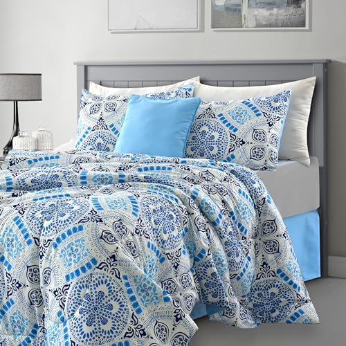LUX Décor Reversible 4pc Twin Comforter Set, Printed Bedding Set, All-in-One Bed in a Bag, Includes 1 Comforter, 1 Pillow Sham, 1 Decor Pillow & 1 Bed Skirt (Aztec Sky,Twin)