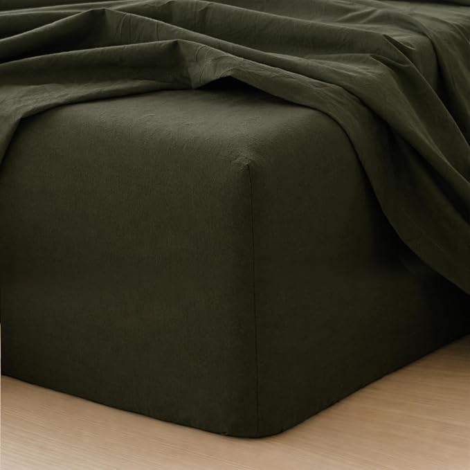 MooMee Fitted Bottom Sheet Only 100% Washed Cotton Linen Like Textured Breathable Durable Soft Comfy Deep Pocket Fits Mattress up to 17" (Olive Green, California King)