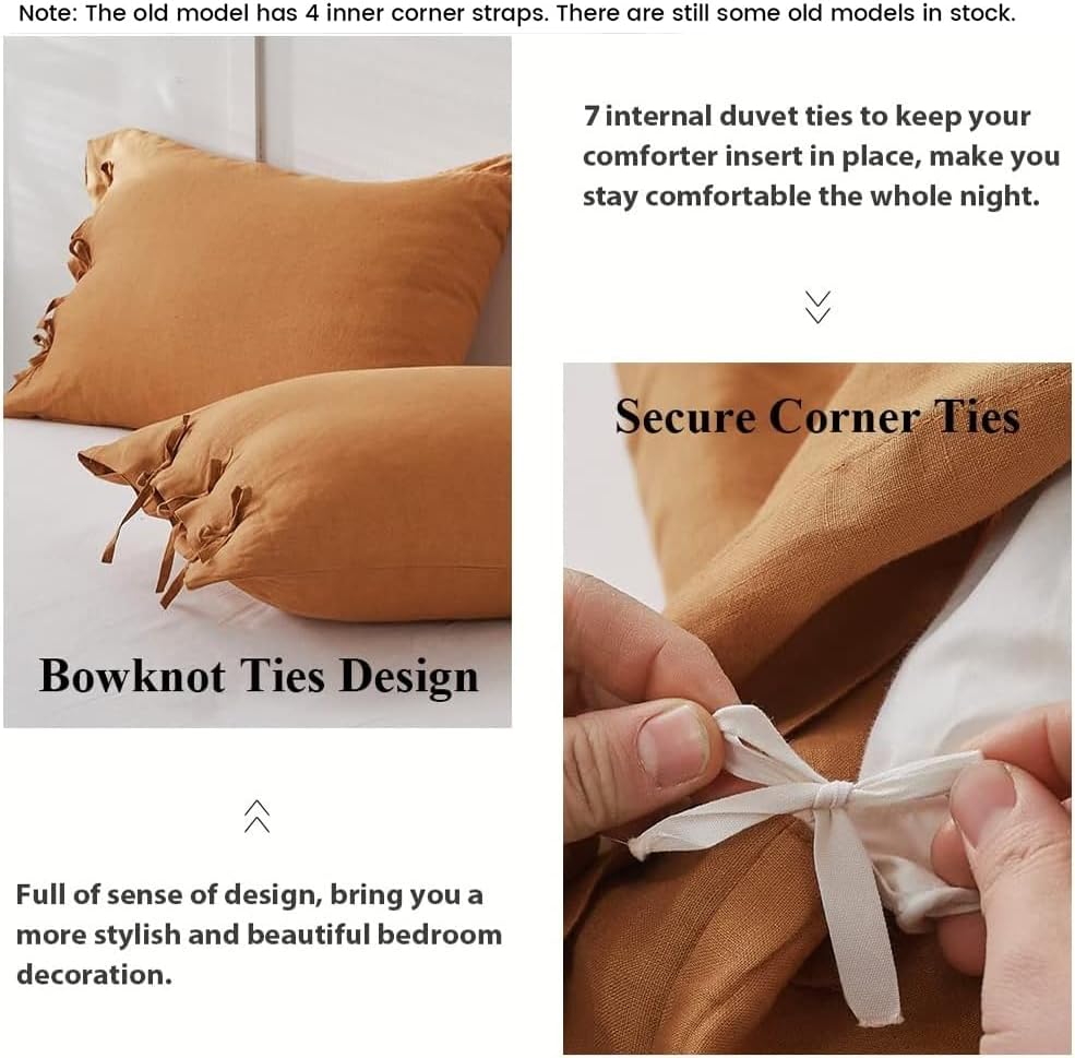 Simple&Opulence 100% Linen Duvet Cover Set 3pcs with Bowknot Ties Closure Natural French Washed Flax Solid Color Soft Breathable Farmhouse Bedding - Rust, Queen Size