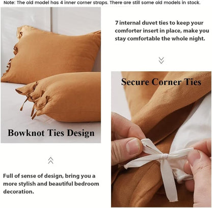 Simple&Opulence 100% Linen Duvet Cover Set 3pcs with Bowknot Ties Closure Natural French Washed Flax Solid Color Soft Breathable Farmhouse Bedding - Rust, Queen Size