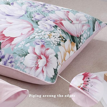 WINLIFE 100% Cotton Pillowcases Queen Size Garden Floral Printed Pillow Cases Set of 2 Soft and Breathable Cooling Pillow Case (Queen 20x30'', Purple Flower)