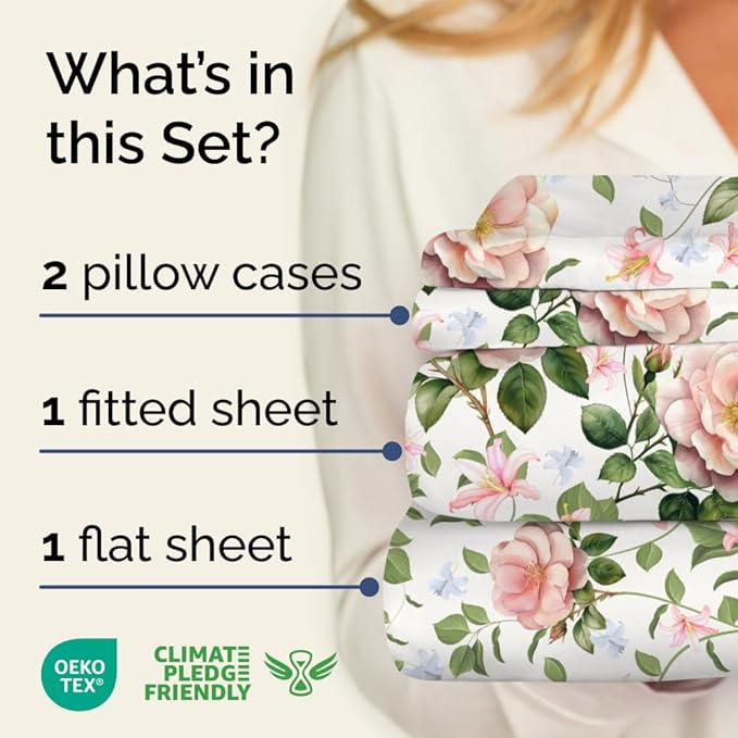 CGK Unlimited Floral Sheets - Pink Floral Rose Bed Sheet Set - 1 Flat, 1 Fitted & 2 Pillowcases w/Deep Pockets - Wrinkle & Fade Free - Boho Botanical Bedding - Ultra-Soft, Breathable and Cooling