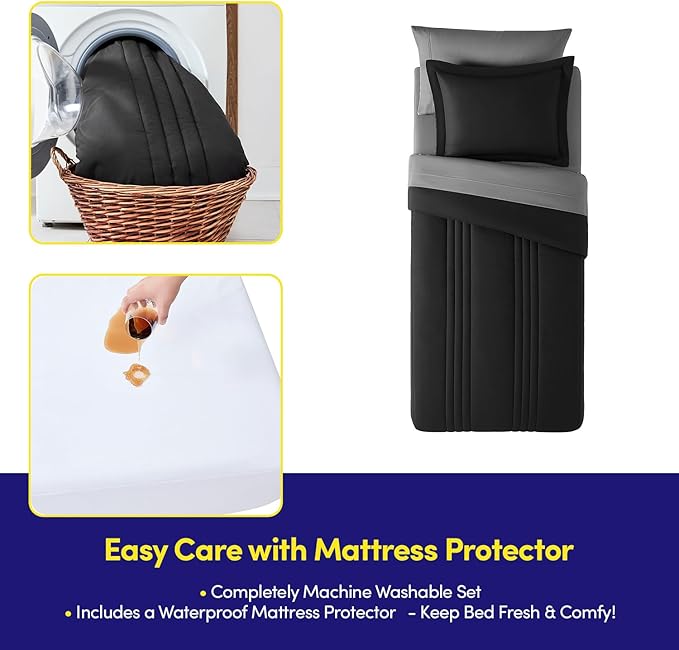 Dorm Room Essentials Twin XL Comforter Set Bedding – Bundle with Comforter, Mattress Protector & Sheets with Pockets on the Side & Built-in Corner Strap – Media Pocket for Devices