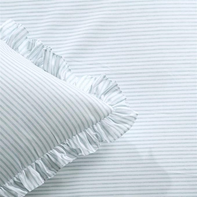 Lush Decor Ticking Stripe Bedspread King Size 3 Piece Set Lake Blue - Ruffle Bedding Set King Bedspreads - Striped Bedding - Farmhouse & Coquette Decor
