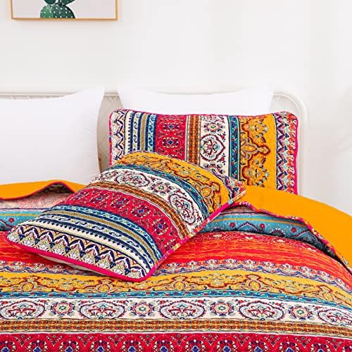 WONGS BEDDING Boho Quilt King Size,3 Pcs Bedspread Set, Orange and Blue