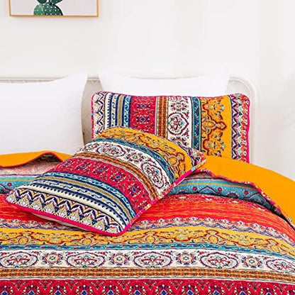 WONGS BEDDING Boho Quilt King Size,3 Pcs Bedspread Set, Orange and Blue