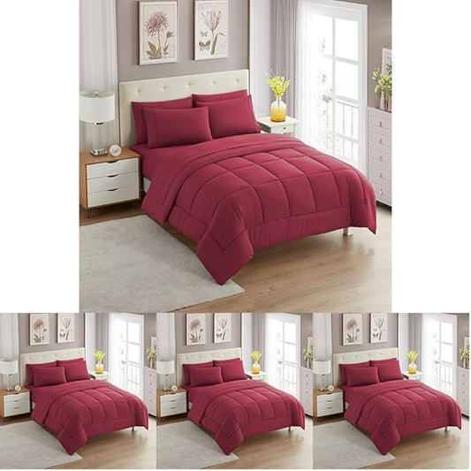 Sweet Home Collection 7 Piece Comforter Set Bag Solid Color All Season Soft Down Alternative Blanket & Luxurious Microfiber Bed Sheets, Burgundy, Twin XL (Pack of 4)