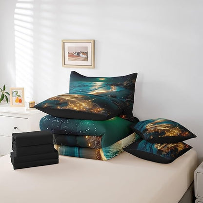 Feelyou Moonlight Beach Comforter Set 7 Pieces Full Size Seaside Moon Bedding Set for Boys Girls Ocean Bed in a Bag with Comforter, Sheets, Pillowcases & Cushion Covers