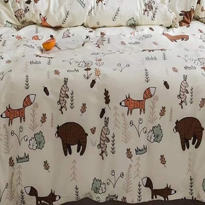 Houseri Beige Bear Comforter Set Twin Size 3 Pieces Toddler Girls Boys Woodland Theme Cartoon Bedding Sets Ultra Comfy Fox Rabbit Forest Animal Print Breathable Soft Bed Quilt Blanket Twin Kids Gift