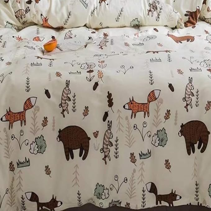 Houseri Beige Bear Comforter Set Queen Teen Girls Woodland Kawaii Fox Rabbit Cartoon Bedding Sets Full Size Boys Animal Patterned Comforter Comfy Soft Forest Theme Dorm Bed Quilt Blanket Full 3 PCS