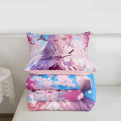 Erosebridal Japanese Style Girl Comforter Set, Cartoon Anime Girl Bedding Japanese Cherry Blossoms Bed Comforter Set, Romance Room Decor, Cartoon Kawaii Girly Bedding Sets Queen Size 3 Pieces
