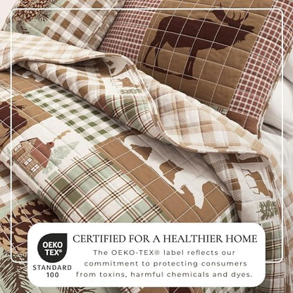Great Bay Home Lodge Quilt Set - 3-Piece Full/Queen Size Rustic Bedding Set - Lightweight, All-Season, Reversible Bedspread (Hemlock Green/Brown)