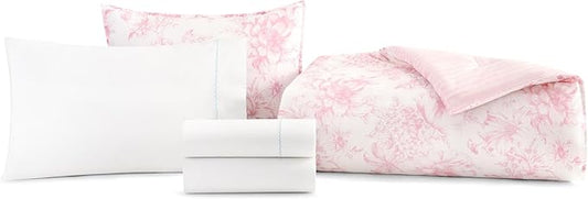 Laura Ashley - Twin/Twin XL Bedding Bundle, Reversible Comforter with Matching Pillowcases & Cotton Percale Sheet Set, Floral Bedding with a Crisp & Cool Feel (Pink)