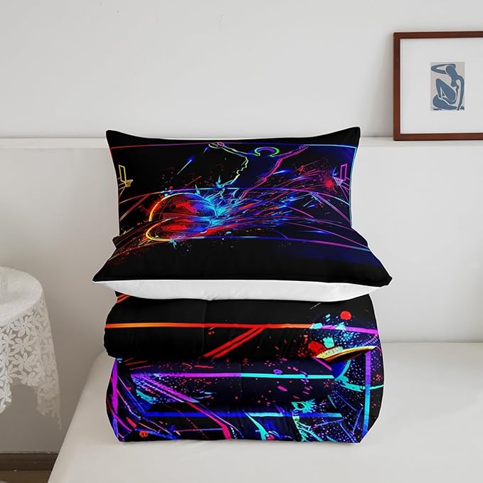 Erosebridal Basketball Comforter Set King 3D Sports Bedding Sets for Boys Teens Kids Men Tie Dye Fire and Ice Comforter Player Sport Game Warm Soft Lightweight Red Blue Quilt Set, Black