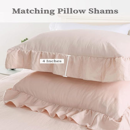 Pink Ruffle Duvet Cover Queen Size, 3PCS Soft Washed Microfiber Vintage French Country Duvet Cover Set for Queen Bed, Pink, 90x90 in