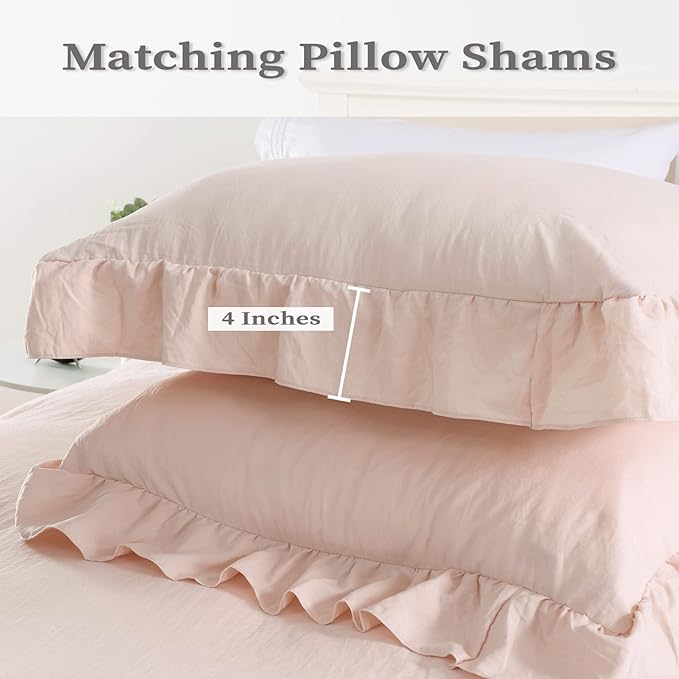 Ruffle Duvet Cover King Size, 3PCS Soft Washed Microfiber Vintage French Country Duvet Cover Set with Button Closure, Pink, 104x90 in