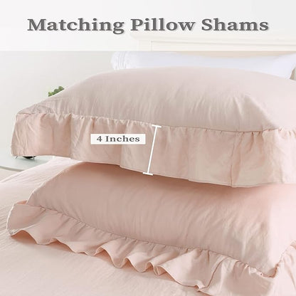 Ruffle Duvet Cover King Size, 3PCS Soft Washed Microfiber Vintage French Country Duvet Cover Set with Button Closure, Pink, 104x90 in