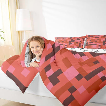 Pixelated Miners Game Comforter Set Full Size,Camo Geometric Check Kids Bedding Set,Reversible Gamepad Video Games Quilt Comforter,Red Brown Duvet Insert,2 Pillowcases