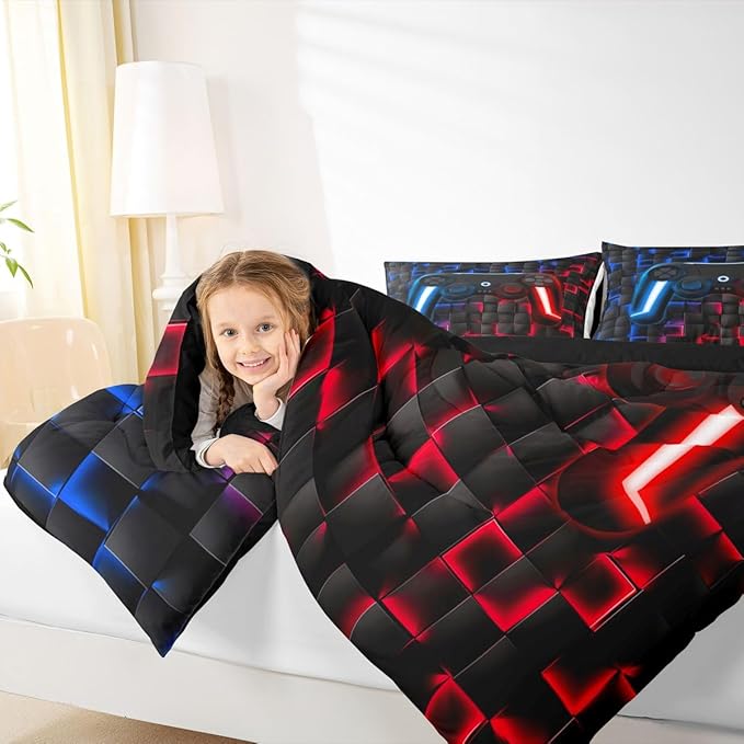Erosebridal Kids Gaming Comforter Sets Boys Full Geometric Gamer Comforter Neon Lights Red Indigo Blue Game Console Teen Boy Bedding Set 3D Ombre Checkered Gamepad Decor Quilt Duvet for Game Room