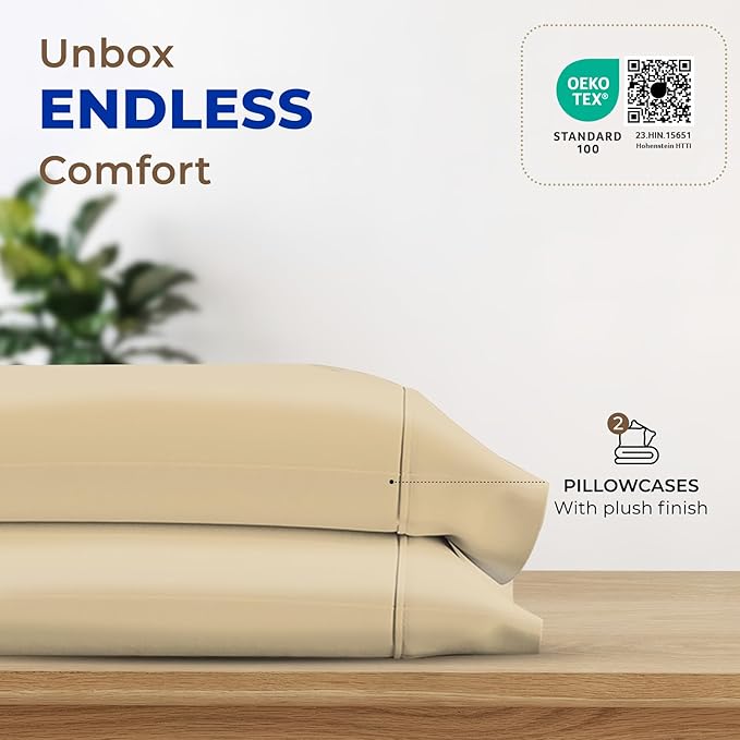 Thread Spread 100% Egyptian Cotton Pillow Cases Queen Size Set of 2 - Luxury 1000 Series Paradise Collection Queen Pillow Cases (Sand), Soft Cooling Sateen Hotel Egyptian Cotton Pillowcases