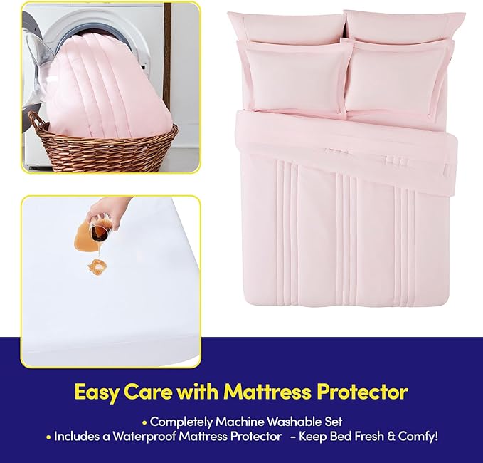 Queen Comforter Set Quilted Stripe Bedding Bundle – Comforter, Mattress Protector, Sheets with Pockets on the Side & Built-in Corner Strap – Fitted Sheet Media Pocket for Devices, Pale Pink