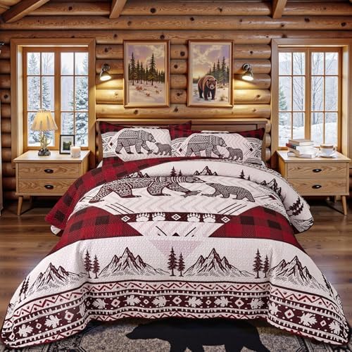3 Piece Cabin Full/Queen Quilt Sets Christmas Rustic Reversible Microfiber Soft Lightweight Farmhouse Bedspread Comforter with 2 Shams Patchwork Country Lodge Bedding for All Season, 90''x96'', Red