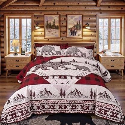 3 Piece Cabin Full/Queen Quilt Sets Christmas Rustic Reversible Microfiber Soft Lightweight Farmhouse Bedspread Comforter with 2 Shams Patchwork Country Lodge Bedding for All Season, 90''x96'', Red