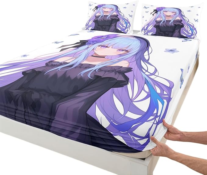 Erosebridal Girls Bedding Set Japanese Style Fitted Sheet Twin, 3D Anime Girl Bed Sheets Cartoon Kawaii Kimono Girl Sheets Romantic Gifts for Her, 1 Fitted Sheet 1 Pillowcase (No Top Sheet)