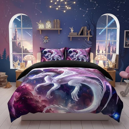Pink White Dragon Comforter Set Twin Size Fantasy Castle Fairy Princess Bedding Set for Kids Boys Teens Women Decor 3D Animals Quilt Set