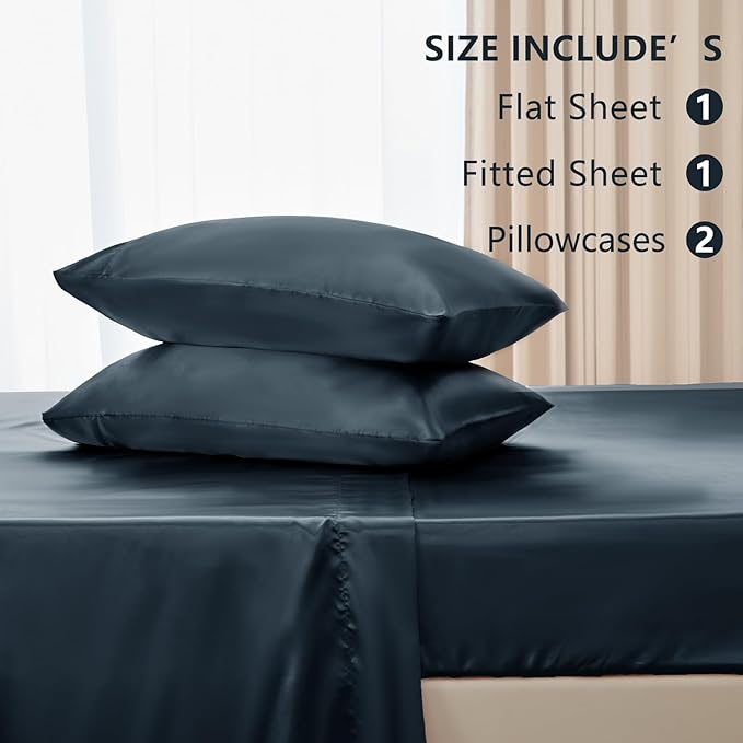 CozyLux Satin Sheets Queen Size Bed Set - 4 Piece Silky Queen Sheet Set, Luxury Steel Blue Queen Sheets with Smooth and Soft Microfiber, Includes 1 Fitted Sheet, 1 Flat Sheet and 2 Pillowcases