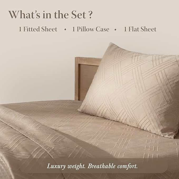Threadmill Twin Sheets for Twin Mattress | 800 Thread Count Jacquard Celine Light Beige Sheets | 100% Cotton 3 Piece Bed Sheets | Extra Long Staple Cotton | Cotton Sheet with Elasticized Deep Pocket