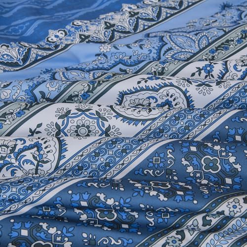 Cottolester Boho Queen Comforter Set,Blue and Grey Striped Bed in a Bag