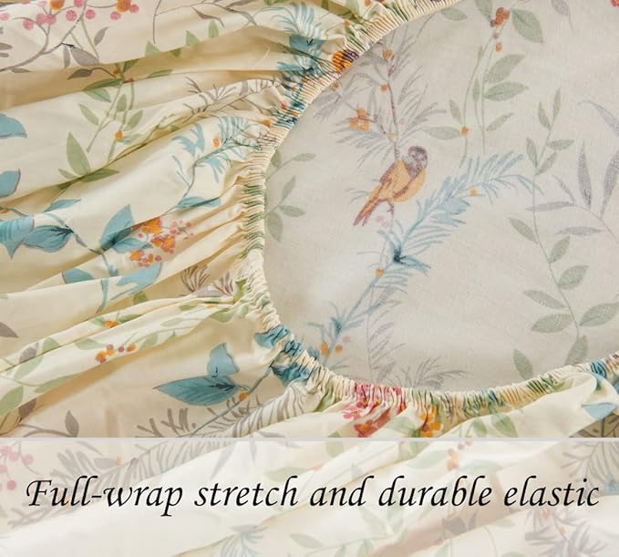 DAUAOTO Cotton Sheets Set California King Printed Bedding Sets, Bird Botanical Pattern Bedlinen for Cal King Bed Up to 14" Deep Mattress Cream