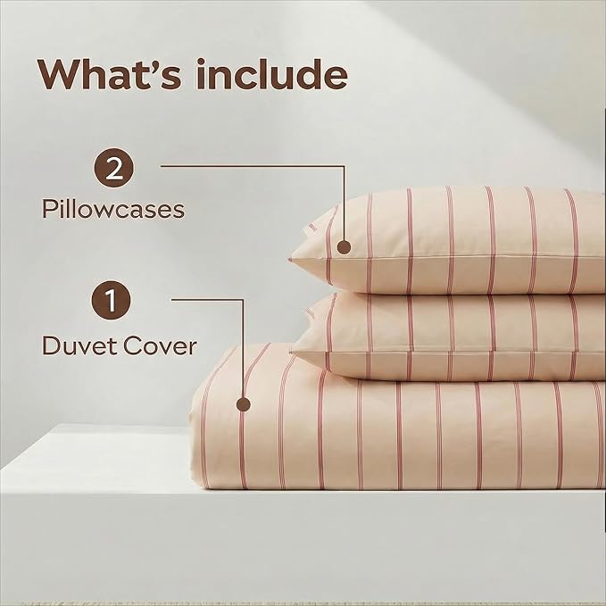 Bedbay 100% Cotton Striped Duvet Cover Set Queen Size, Warm Apricot Bedding Set, 100% Cotton Sateen, Silky Soft Cozy 3 Piece Duvet Cover for All Seasons