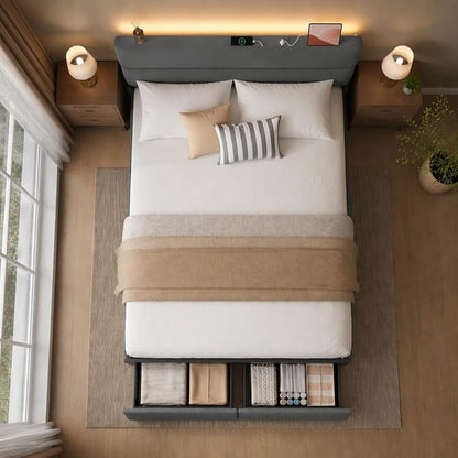 Queen Bed Frame with 2 Storage Drawers, Grey Velvet Upholstered | Platform Bed with Charging Ledge, LED Headboard Lighting, Metal Support, Noise Free, No Box Spring Needed, Easy Assembly