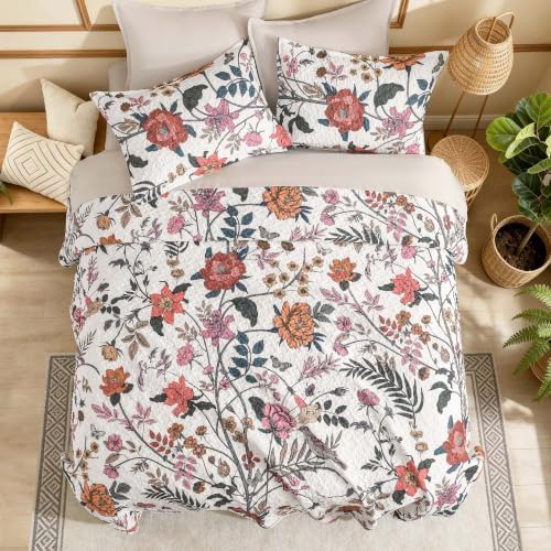 Litanika Floral White Quilt Queen - 3Pcs Botanical Birds Bed Set