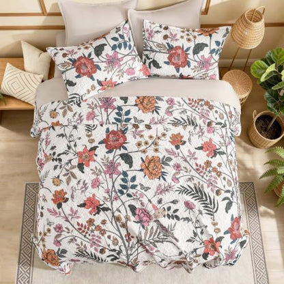 Litanika Floral White Quilt California King - 3Pcs Botanical Birds Bedding