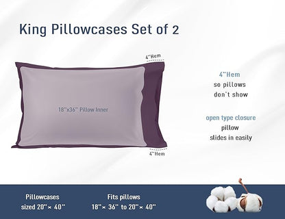 Pillow Cases, King Size Cotton Percale Weave Pillowcases, Pre-Shrunk Breathable and Hypoallergenic Pillowcases, Set of 2 (2 Piece King 20 Inch x 40 Inch, Dark Purple)