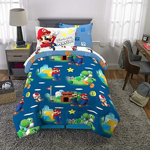 Super Mario Kids Bedding Set, Twin Size 5 Piece Comforter and Sheet Set with Sham, (Officially Licensed Product) by Franco