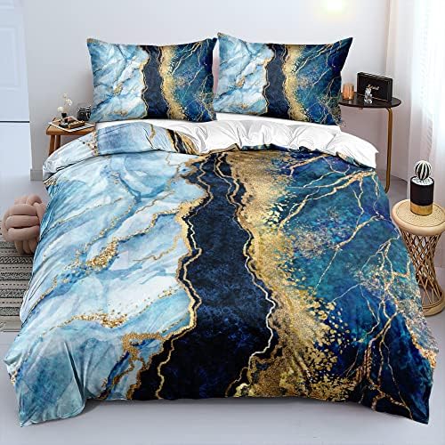 Royal Blue Marble Duvet Cover Set Full Size Sequin Gold Bedding Comforter Covers with 2 Pillow Shams Breathable Durable Soft Comfy