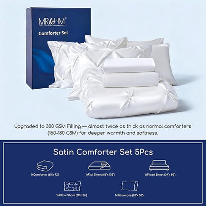 MR&HM Satin Comforter Twin XL 5 Pieces - Luxurious Pinch Pleat Bedding Set with Comforter, Flat Sheet, Fitted Sheet, Pillowcase & Sham, Super Silky Soft Bed Set for All Season (Twin XL, White)