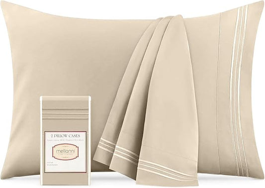 Mellanni Pillow Cases - Luxury, Extra Soft, Cooling Pillow Covers - 2 PC Iconic Collection Pillowcases - Envelope Closure (King 20" x 40", Beige)