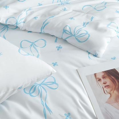 Twin Comforter Set White - Blue Bow Quilt Bedding Set 2 Pieces, Comforter Set Twin Size, Soft Lightweight Comforter(68‘’ x 90‘’) for Girl All Season & 1 Pillow Case(30‘’x20‘’)