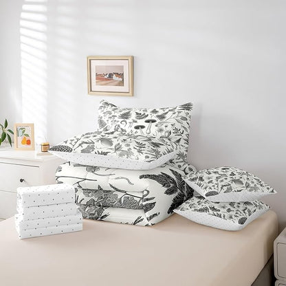 Castle Fairy Retro Jungle Mushroom Comforter Set Bed in a Bag 7 Pieces Twin,Wild Leaves Flowers Bedding Set,Rustic Botanical Plants (Comforter+Fitted+Flat Sheet+2 Pillowcases+2 Throw Pillow Covers)