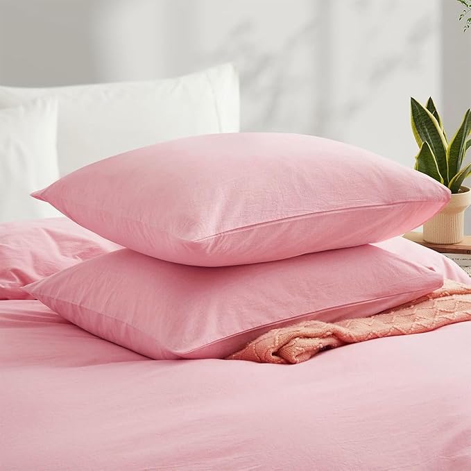 LOVQUE Pink Cotton Duvet Cover Queen Size, Linen Like Natural Bedding Set with Zipper Closure (No Comforter), 90x90 Inches