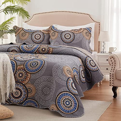 3 Pieces Full/Queen Size Quilt Set Lightweight Summer Bedspread 90''x98'' Soft Microfiber Floral Coverlet Luxurious Warm Bed Cover for All Seasons Vintage Gray Bedding Set (1 Quilt, 2 Pillow Shams)