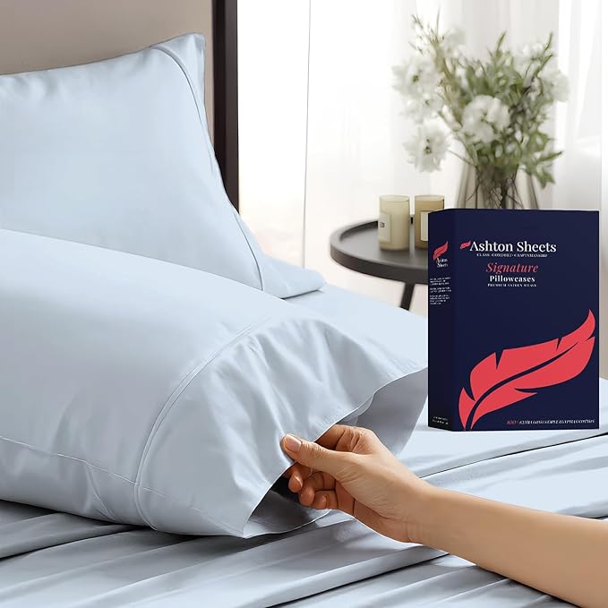 Ashton Sheets 100% Egyptian Cotton Pillow Cases King Size Set of 2 - Luxury 1200 Thread Count Sateen Light Blue Pillow Covers, Soft & Breathable Extra Long Staple Pillowcases, Fits King Size Pillows