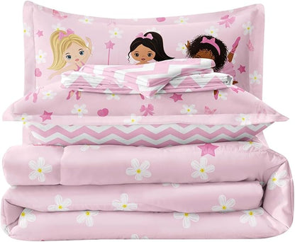 Full Bedding Set for Girls Kids 5 Pieces Comforter Sets Bed in a Bag Pink Floral Ballerina Bedding Comforter Sheet Set Cute Bedroom Decor