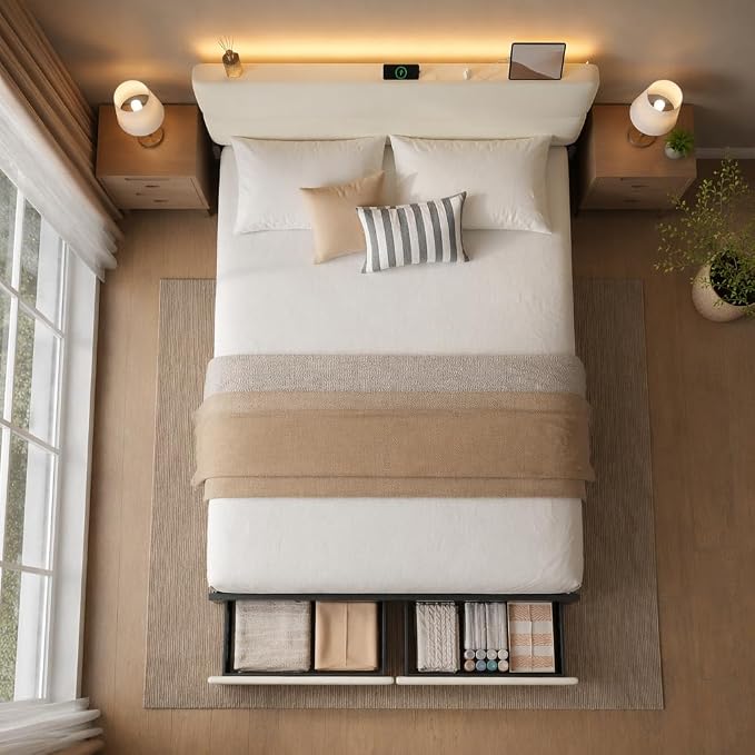 Queen Bed Frame with 2 Storage Drawers, Beige Velvet Upholstered | Platform Bed with Charging Ledge, LED Headboard Lighting, Metal Support, Noise Free, No Box Spring Needed, Easy Assembly