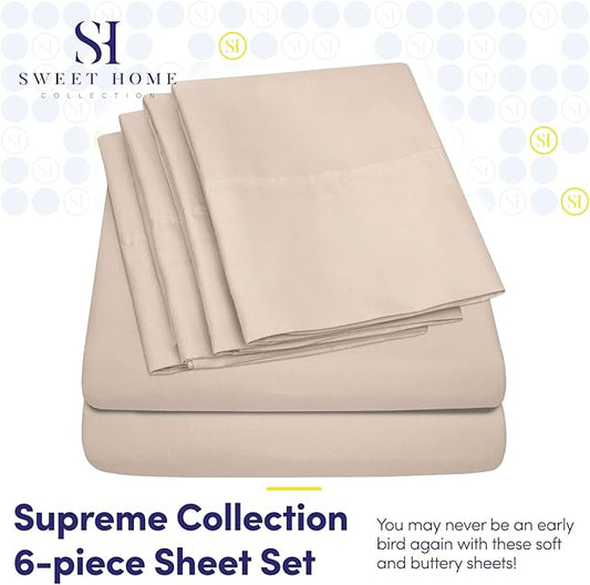 King Size Bed Sheets - 6 Piece 1500 Supreme Collection Fine Brushed Microfiber Deep Pocket King Sheet Set Bedding - 2 Extra Pillow Cases, Great Value, King, Beige